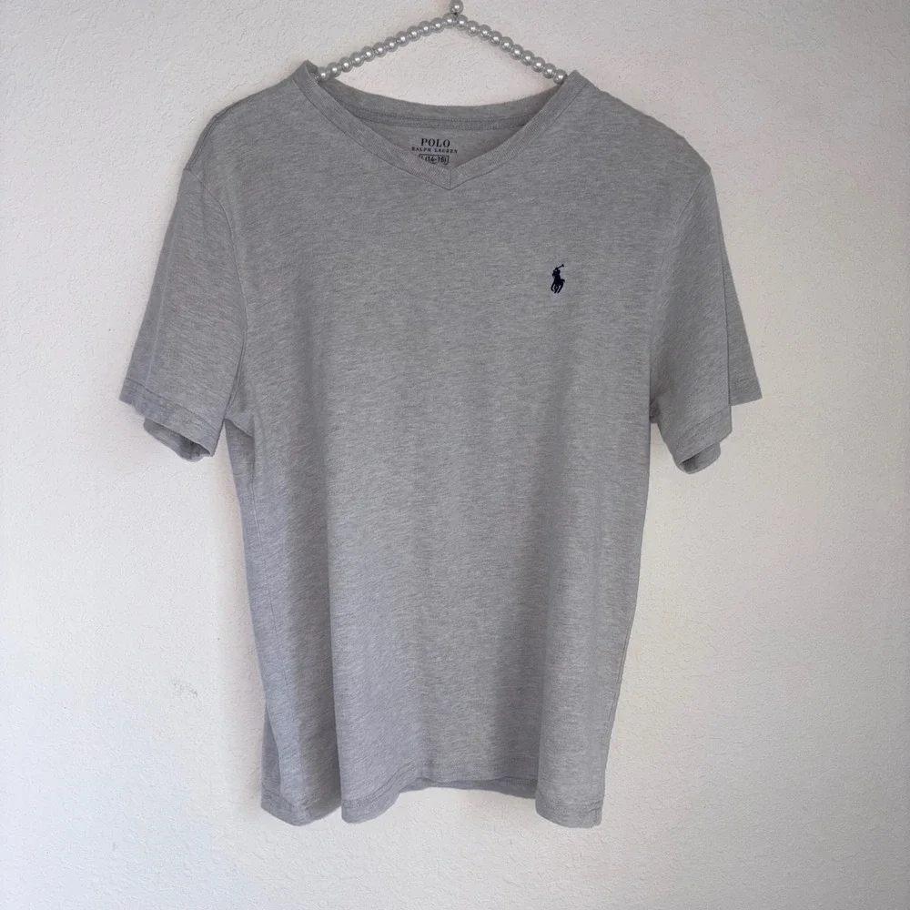 Polo Ralph Lauren T-Shirt Size L(14-16) Heather Gray Excellent V-Neck Pony Logo